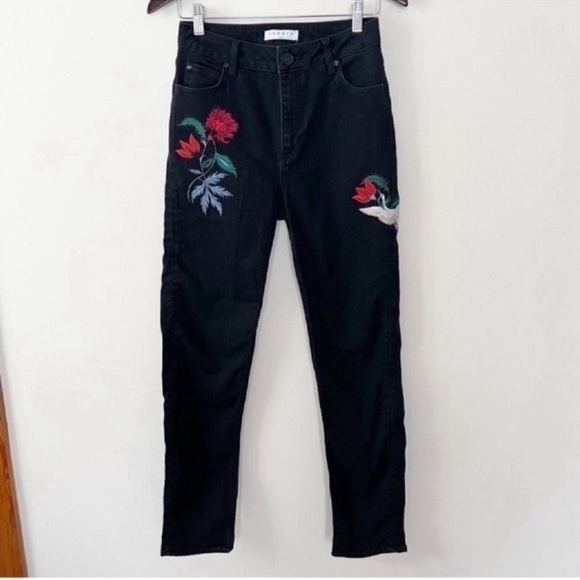Sandro Denim - Sandro Paris Vegas Rose High Rise Embroidered Straight Jeans Black Size 36/4 US